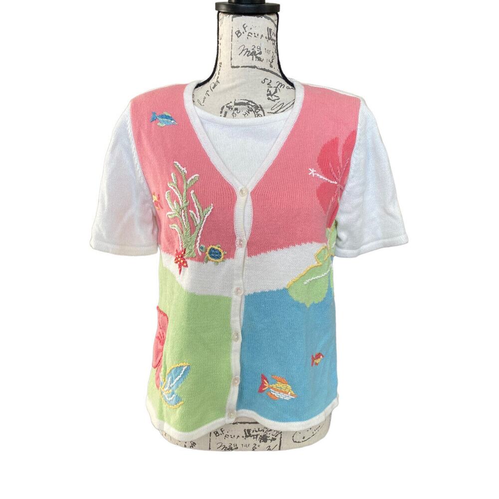 Koret Petite Short Sleeve Button Overlay Sweater Sea Life Shell Fish Small P